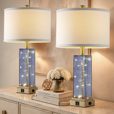 Lampe de table moderne de 22,5 po avec ports USB, base en verre bleu avec guirlande lumineuse à DEL intégrée, modes d'éclairage double, ampoules E26 incluses (ensemble de 2)