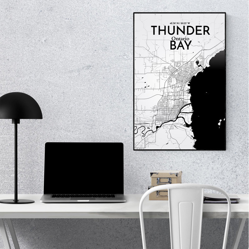 Thunder Bay City Map, impression, Noir et blanc, H 36 po x l 24 po