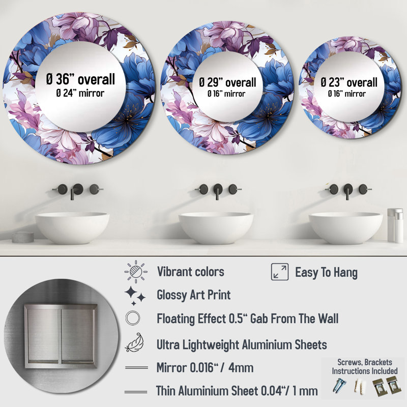 Motif floral bleu et mauve mystique Aura - miroir unique floral, grand miroir mural rond, impression sur métal, 36 po x 36 po