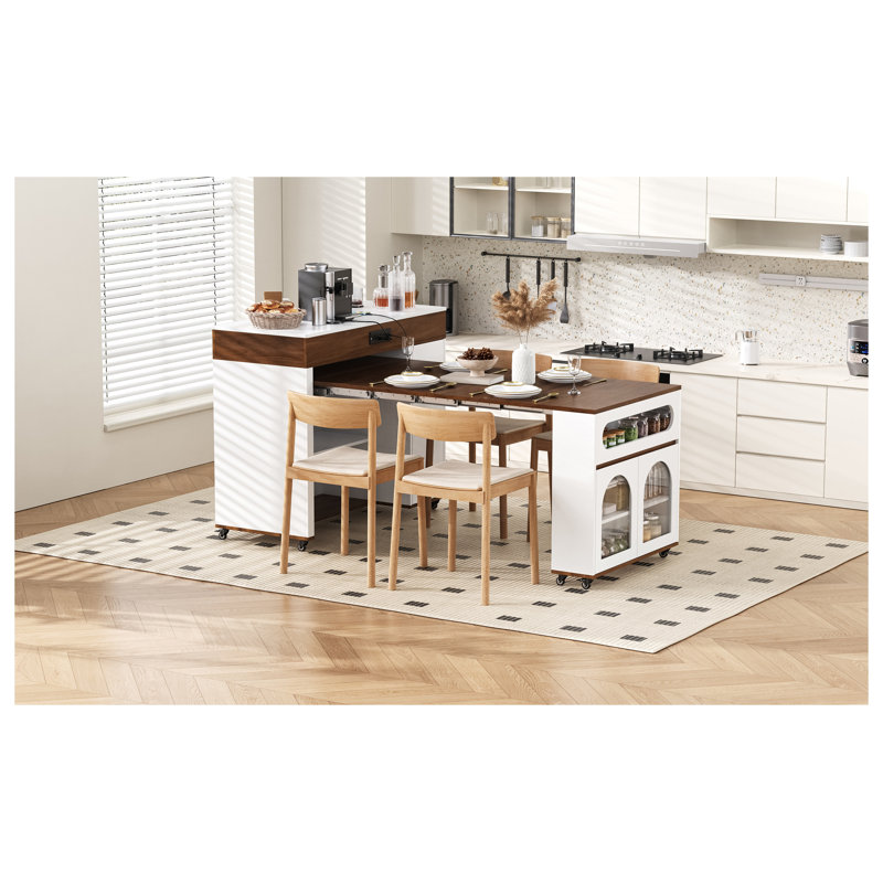 Table pour îlot de cuisine extensible avec plateau pliable, blanc crème et noyer Trefm Trexm, Brown Wood / Cream