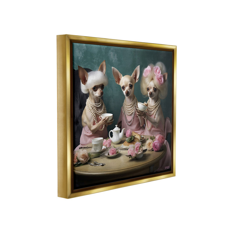 "Chihuahua Tea Party Floater Frame" par RB sur toile, Cadre flottant métallique doré, H 18 po x l 18 po