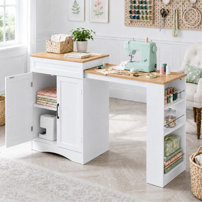 49''W Expandable Sewing Craft Table With Storage Cabinet and Charging Station, Multi-Functional Craft Station with 3-Tier Side Shelf, Hidden Pull-Out Pet Feeding Station