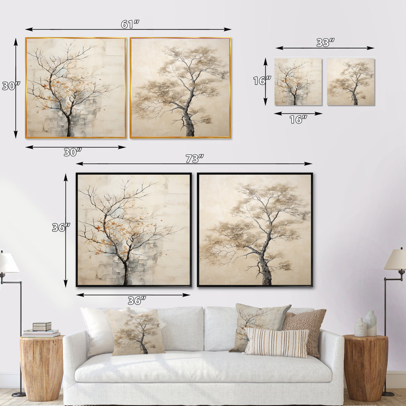 Minimalism Beige Maple Tree Melody - Tree Maple Square Collage Set Of 2, Black Floater Framed, 16" H x 33" W