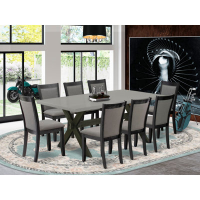 9 Piece Dining Room Set Includes a Rectangle Dining Table with X-Legs and 8 Dark Gotham Grey Linen Fabric Upholstered Chairs, Wire brushed Black