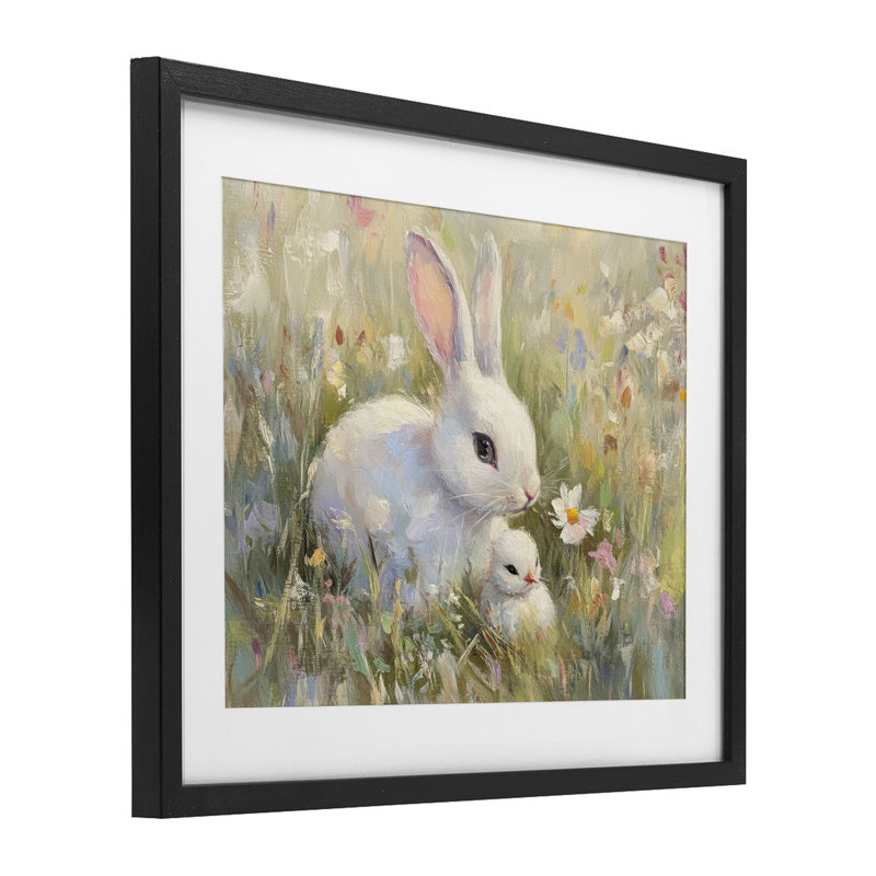 Lapin blanc, Pâques et fleurs, reproduction encadrée sous verre, design par Petal Prints Design, H 17 po x l 21 po