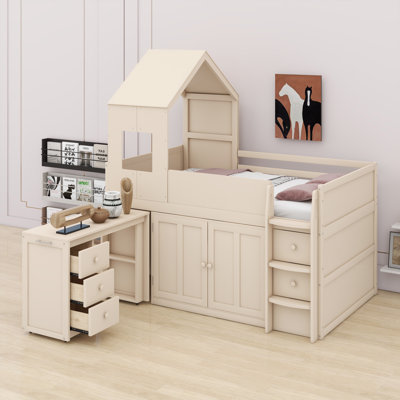 Modern High Sleeper Bed Featuring Built-in Workstation and Cabinet Organization