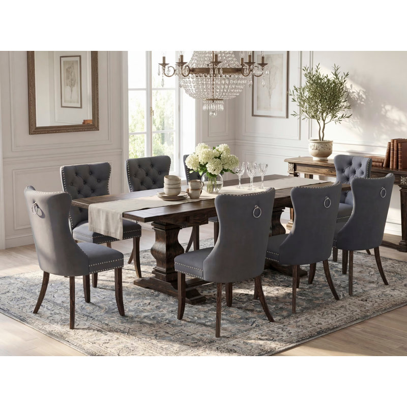Ensemble de salle à manger 9 pièces comprenant une table de cuisine rectangulaire avec rallonge amovible et 8 chaises Parson, 107 x 234 cm, style jacobéen vieilli