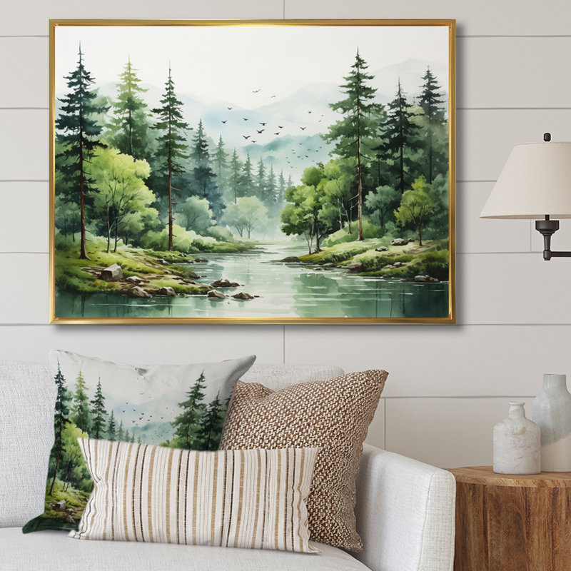 Tranquil Forêts, paysage I, art mural forêt pour le salon, H 30 po x l 40 po x P 1,5 po, Cadre flottant doré
