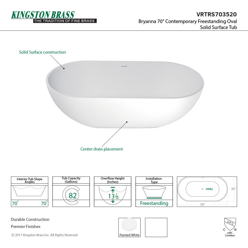 Matte White 70-Inch Oval Freestanding Acrylic Bathtub