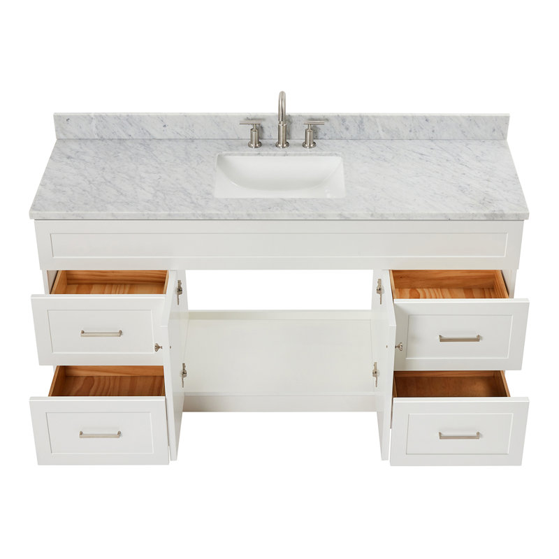 Partham 67" Single Pedestal Bathroom Vanity with Carrara Marble Top, Blanc
