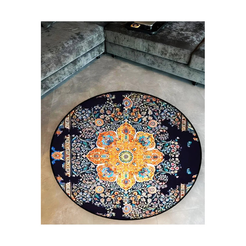 Antique Pattern Woven Base Modern Decorative Carpet With Orange Details In Navy Blue Tones, Round 2'8"