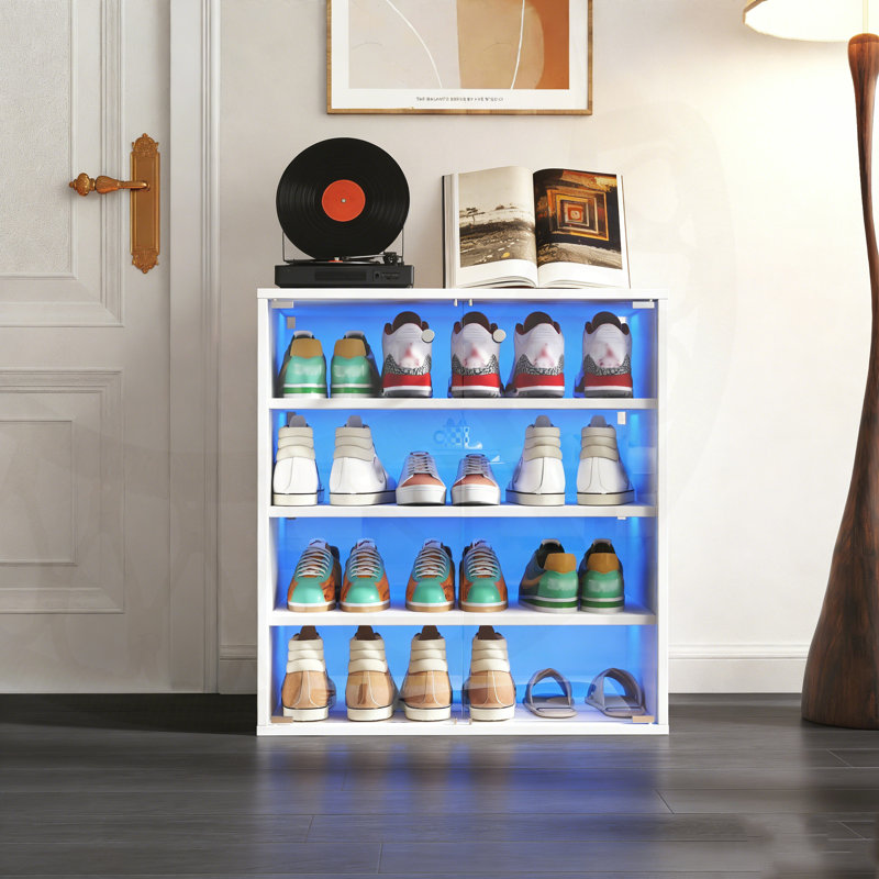 Stackable Wooden Shoe Display Case With RGB LED Lights And Glass Door For Sneaker Organization And Showcase., White
