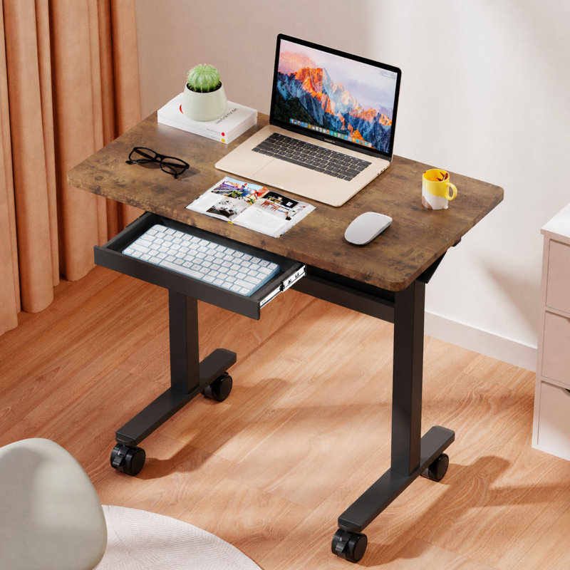 Standing Desk with Drawer for Walking Pad, Adjustable Pneumatic Rolling Desk, Wireless Moveable Height-Adjustable Desk, Mobile Stand Up Table, Wheels Lockable, No Power Needed, for Home Office, Computer Workstation