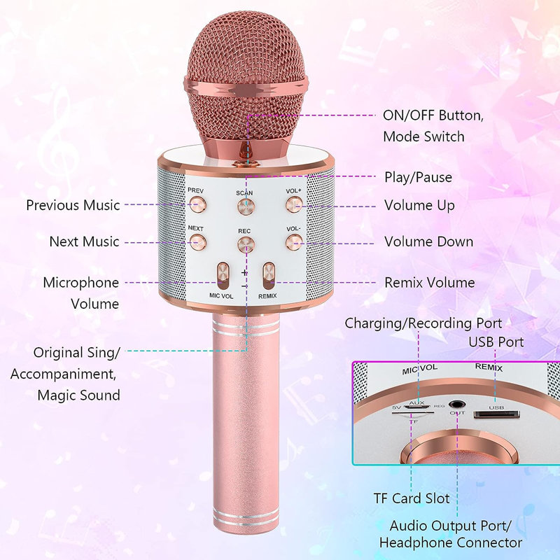 Microphone Bluetooth Karaoke, Or rose
