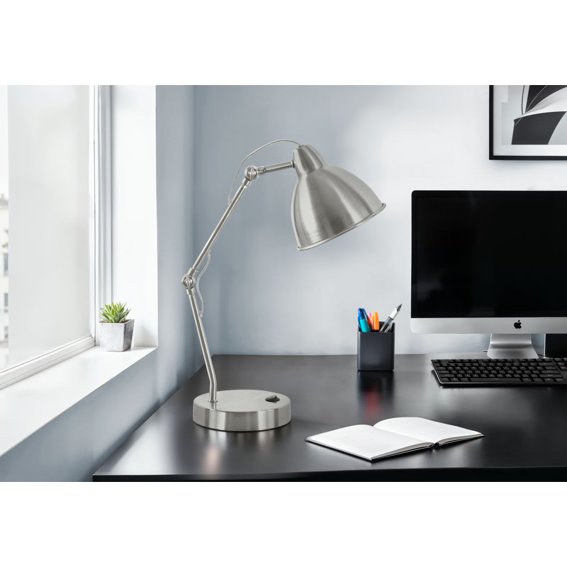 Éclairage, H 17 po, lampe de table, port USB inclus, nickel métallique, abat-jour nickel, moderne