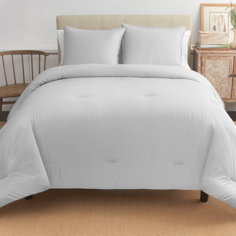 Reversible Percale Cotton Comforter Set, King Comforter + 2 King Shams, Gray