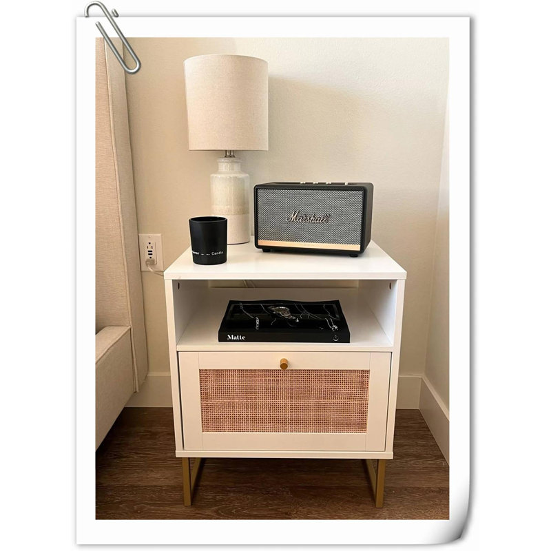 Table d'appoint en rotin avec rangement pour le salon ou la chambre Ã  coucher, Blanc / doré, Ensemble de 2