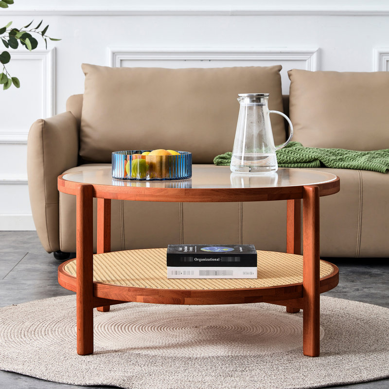 Table basse ronde moderne avec base en bois massif, plateau en verre artisanal et table à deux étages Pe