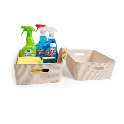 Boîte de rangement fourre-tout en plastique texturé avec poignées, panier de rangement décoratif, paquet de 2