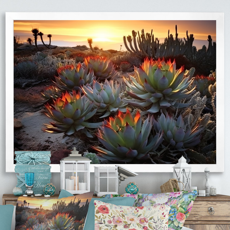 «Succulent Desert Cactus Field Burning Sunset III» - Art mural succulent, H 12 po x l 20 po x P 1 po, Cadre simple blanc