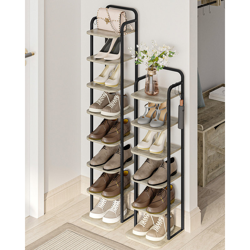 Vertical Shoe Rack, Shoe Shelves, Wood Shoe Organizer for Closet, Entryway, Shoe Tower for Small Spaces, Free Standing, Adjustable, with 2 Hooks, 6 Tier