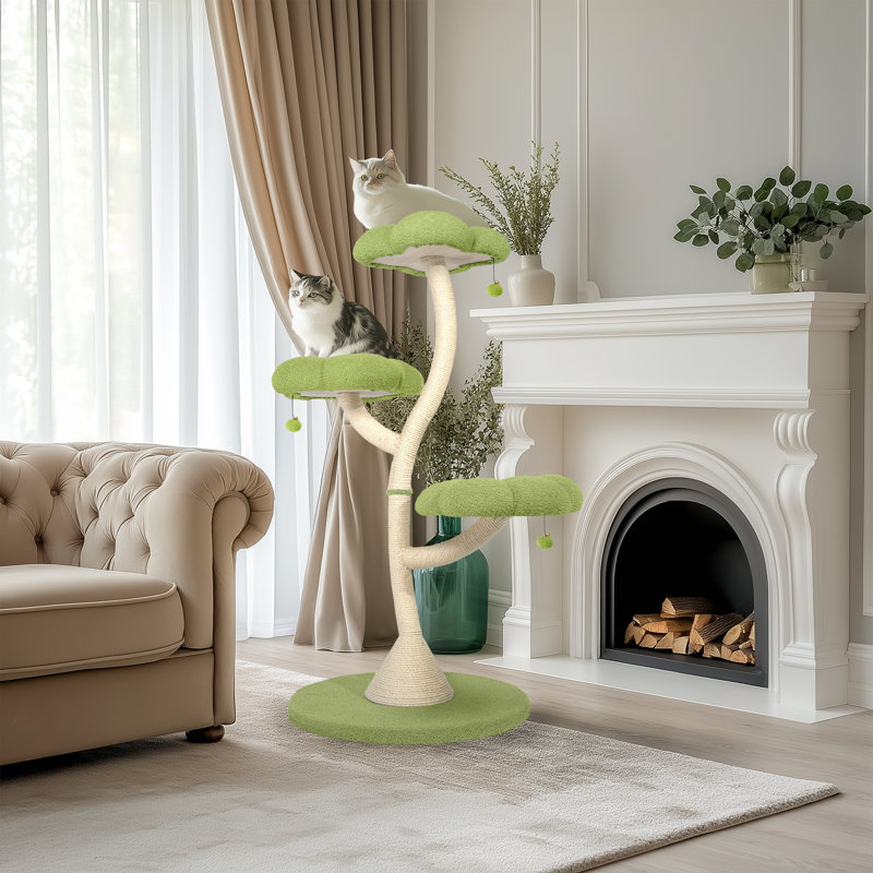 5'11" H Tall Cat Tree Flower Shape Scratching Post Cat Tower, Green