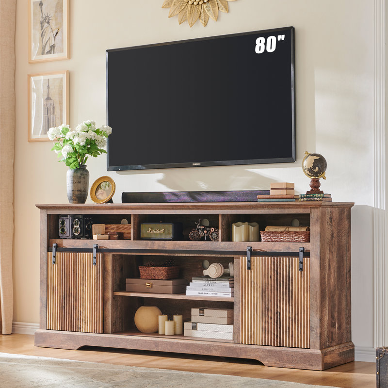 Fluted TV Stand for 80" TVs, 32" Tall Modern Entertainment Center with Waveform Panel Sliding Door, with Storage & Adjustable Shelf