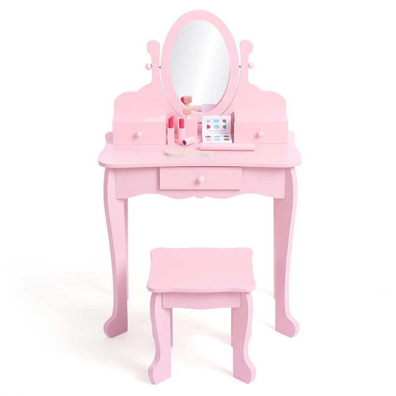 Kids Vanity Set with Adjustable Mirror & Stool,Wooden Toddler Vanity Set with Drawers,Pretend Makeup Dressing Table for Little Girls