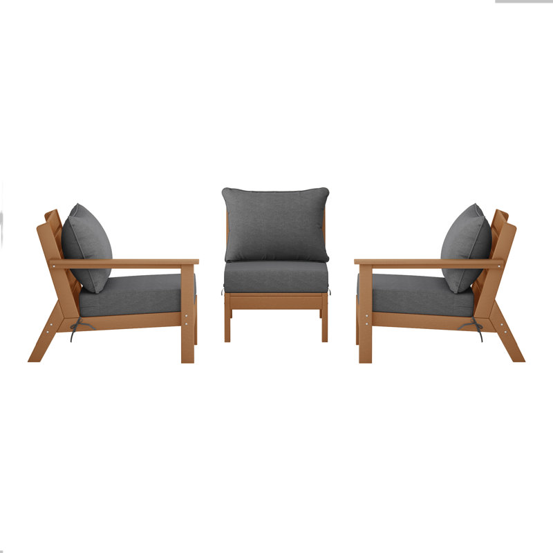 Ensemble de conversation à assise profonde 3 pièces avec coussins, Teck, Gray