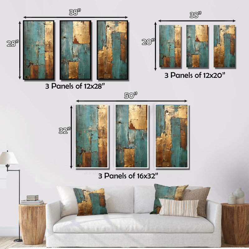 «Kintsugi Retro Glam Vintage Gold On Turquoise II», 3 pièces sur toile, Cadre flottant noir, H 28 po x l 36 po