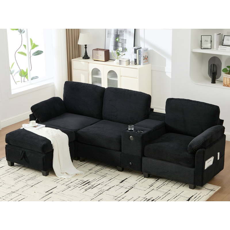 Canapé modulaire avec repose-pieds, Velours côtelé noir