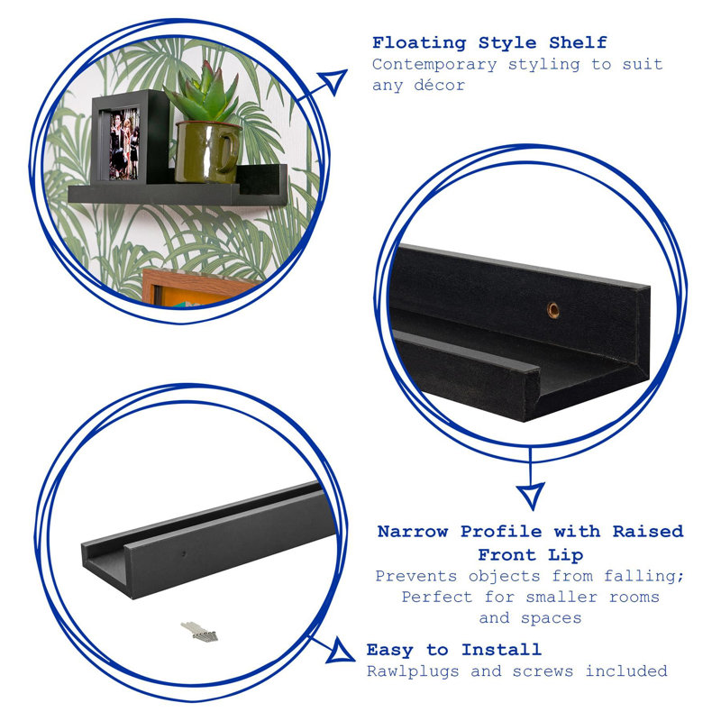 Harbour Housewares Floating Picture Ledge Wall Shelves, Black, 14 cm H x 65 cm W x 8 cm D