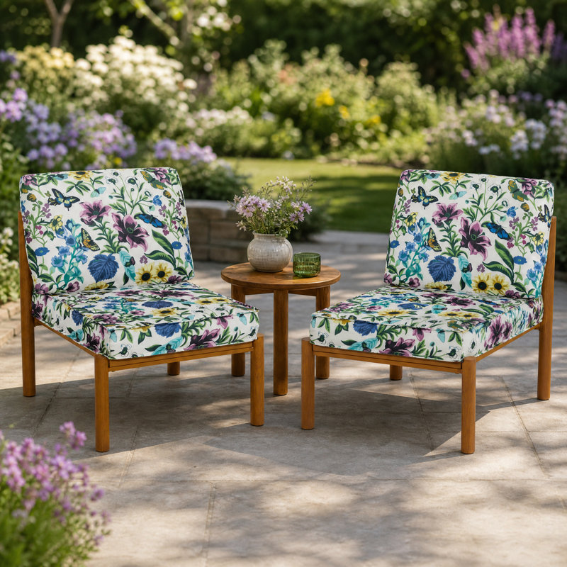 Chaise longue sans accoudoirs en métal avec coussins (ensemble de 2), Motif floral
