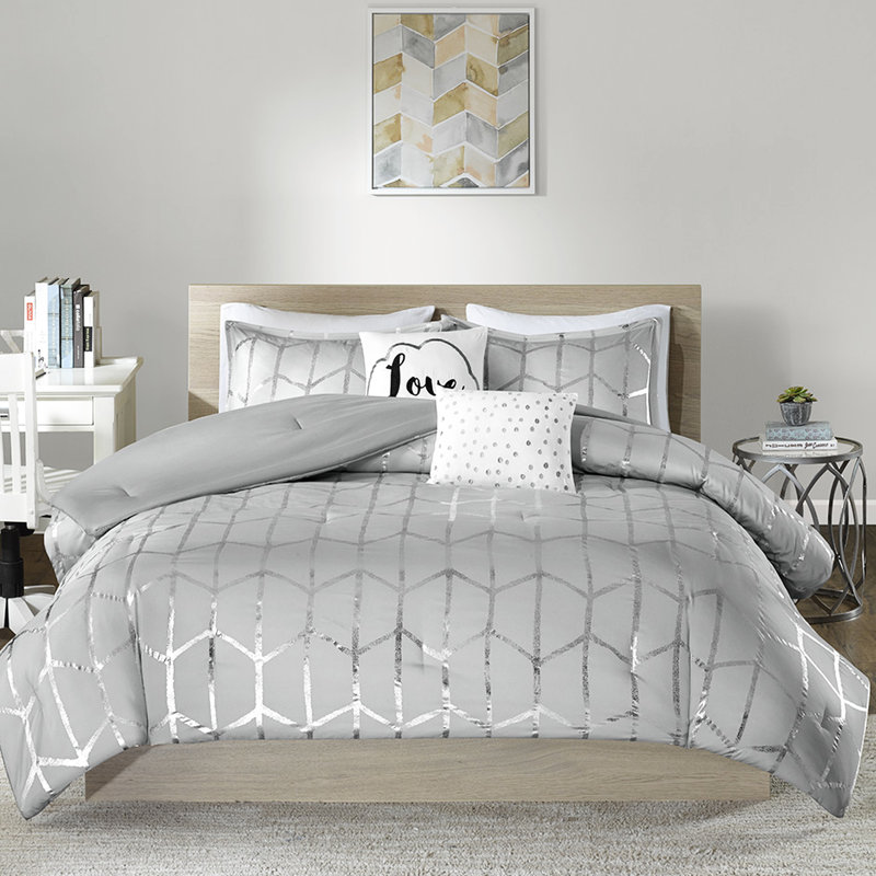 Édredon simple / simple TG avec housse de coussin lumineuse imprimée grise et métallique, Gris/argent