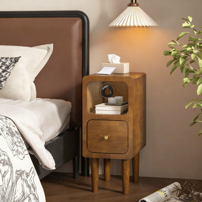Mid Century Modern Narrow Nightstand Set Of 2, Solid Wood Bedside Table With Drawer And Open Shelf For Small Space Bedroom