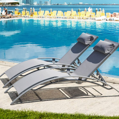Outdoor Chaise Lounge : Adjustable & Pillow. Aluminum Construction. Fabric. Ideal For Pool, Beach, Patio. Gray Finish 2 Chairs - With Positions, Detachable Pillow, Rust Frame, And Lightweight Fabric