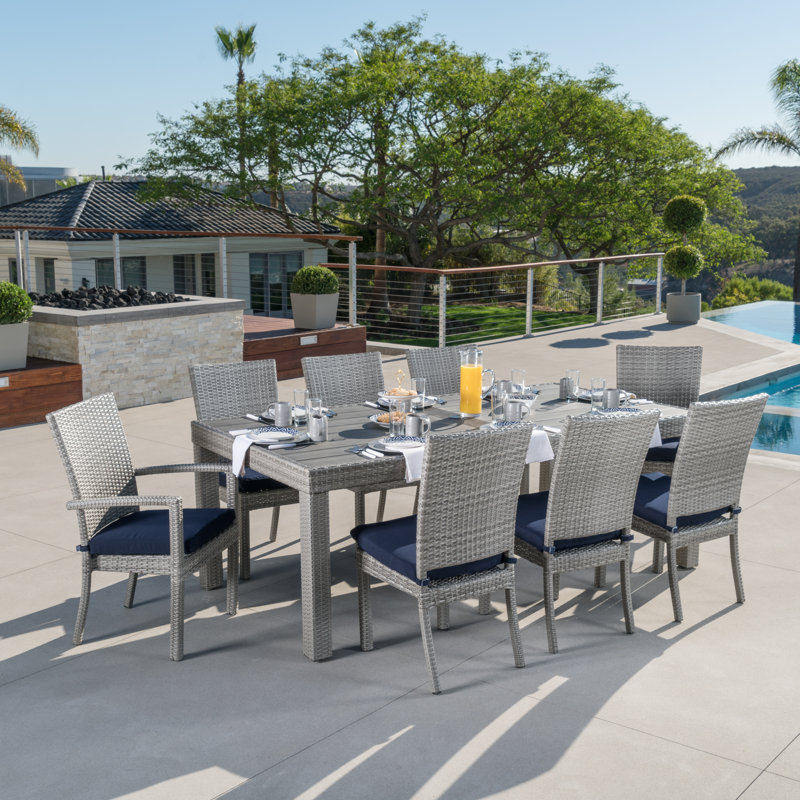 Cannes 9 Piece Dining Set with Cushions, Gray Frame/Canvas Navy Cushion