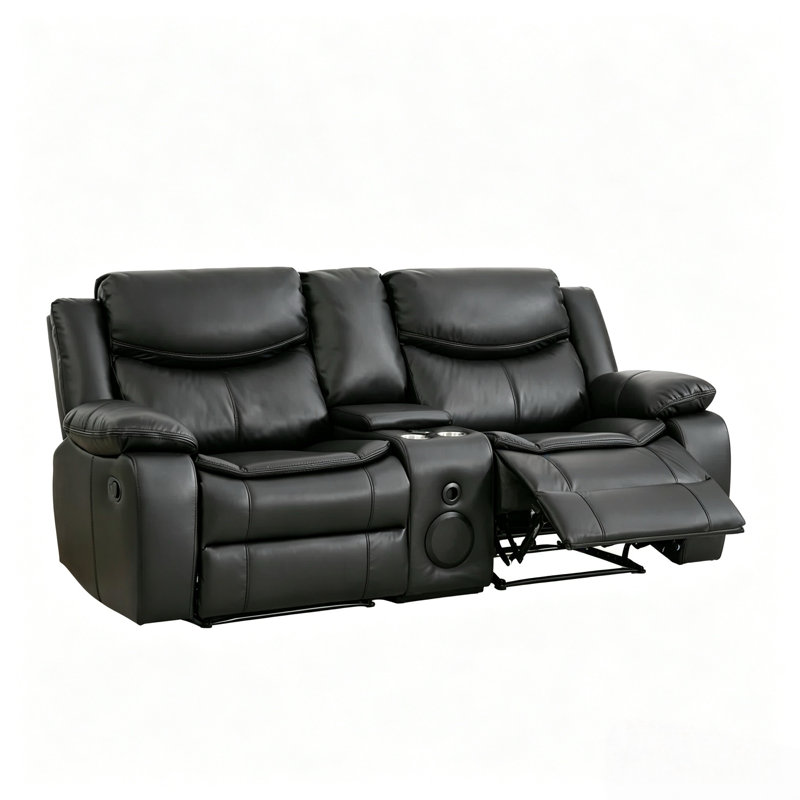  Canapé inclinable en similicuir deux places avec console, porte-gobelet et haut-parleur Bluetooth Adwin, Noir