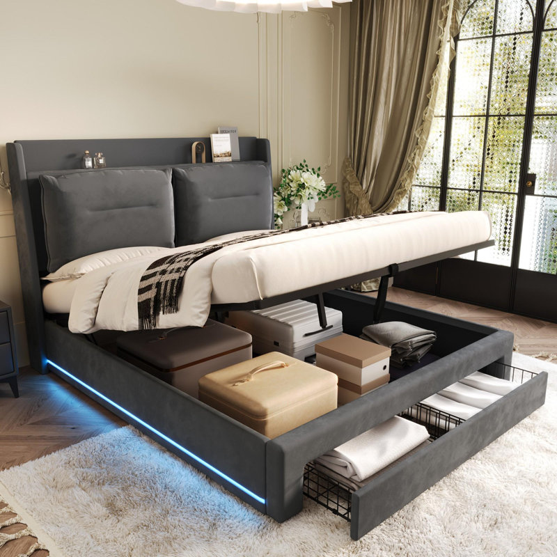 Aldea Upholstered Ottoman Storage Bed, Grey, European Double (140 x 200cm)