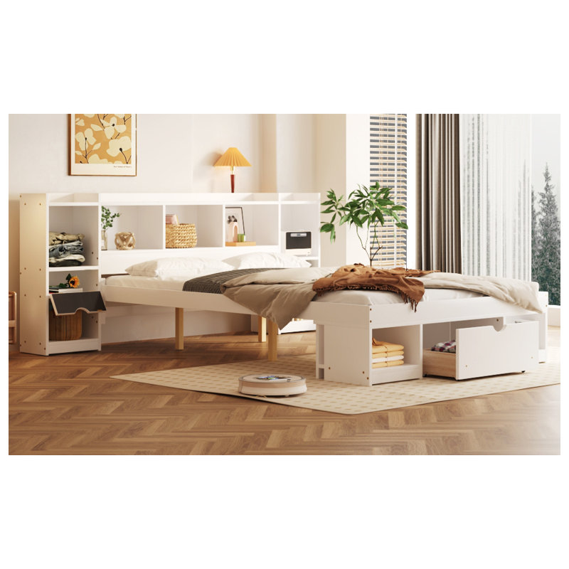 Grand lit plateforme en bois avec tête de lit et tiroir, Blanc / Blanc