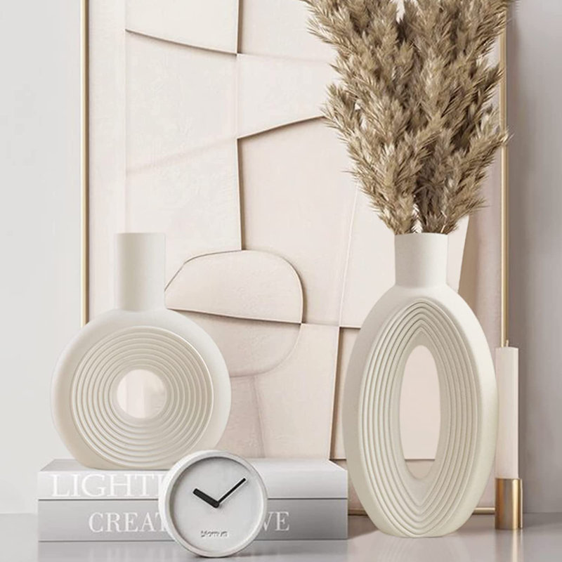 White Ceramic Hollow Center Vase Set for Modern Decor