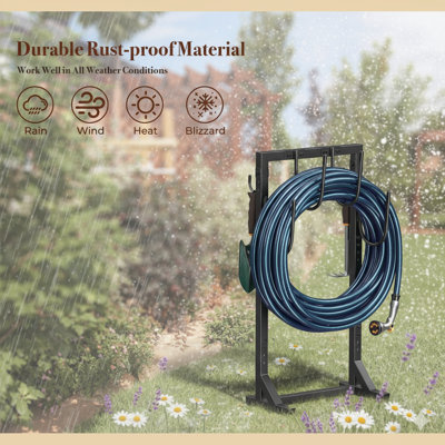 Porte-boyau d'arrosage avec 4 pointes, support de boyau d'arrosage autoportant Support de boyau d'arrosage robuste à 6 crochets en métal pour l'extérieur (noir)