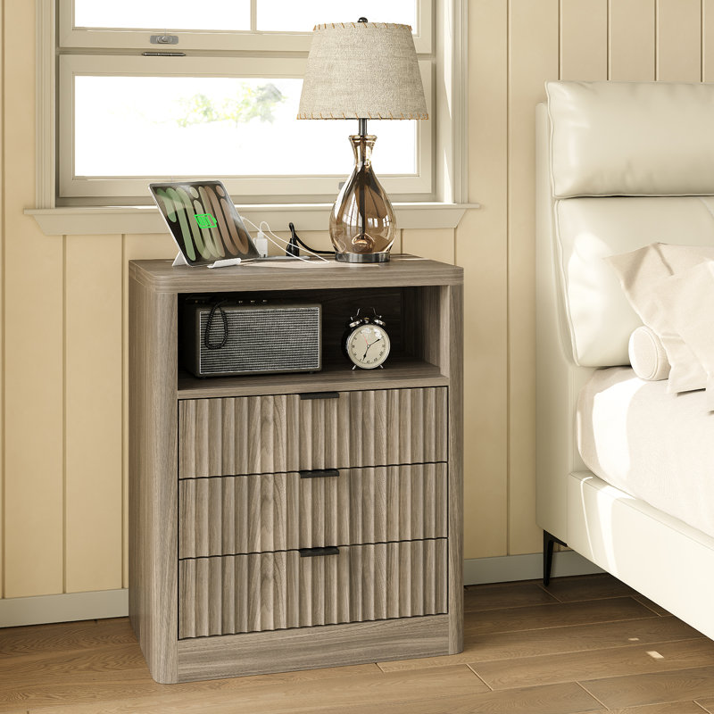 Fluted Night Stand With LED Light & Charging Station, Nightstand With 3 Storage Drawers, 23” Wide Top, Modern Farmhouse Bedside Table For Bedroom, Living Room, Closet