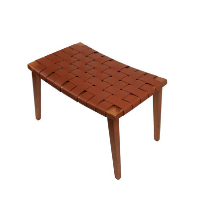  27" Checker Weave Leather Footstool with Wood Legs.