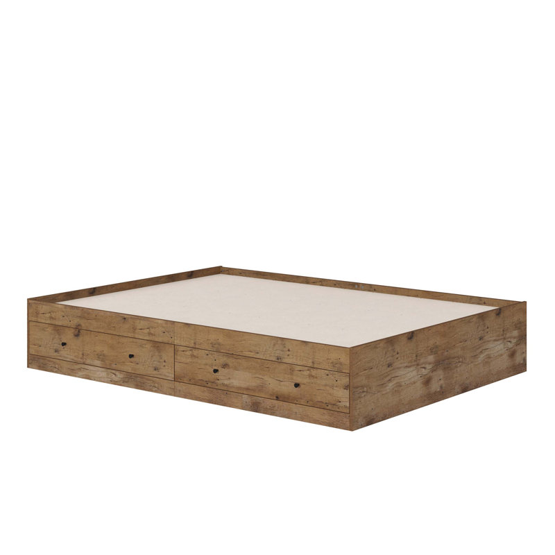 Grand lit de rangement avec finition en chêne rustique et tiroirs spacieux, parfait pour un décor moderne et traditionnel.