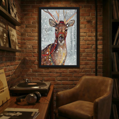 Animals Reindeer In Snow With Red Harness
