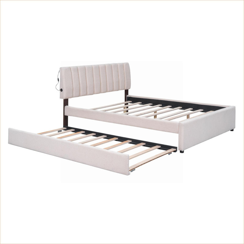 Upholstered Teddy Fleece Queen Size Platform Bed with Twin XL Trundle, Striped Headboard, Slate Gray, Beige