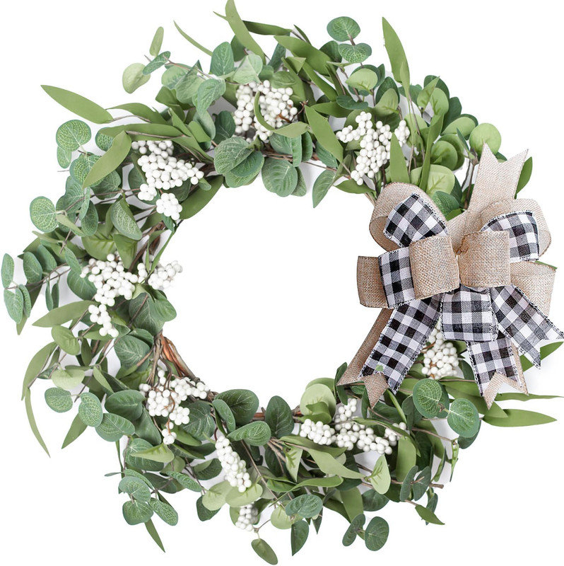 20'' Green Artificial Eucalyptus Wreath with Bow for Front Door