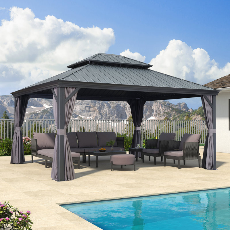 PURPLE LEAF 13' X 15' Permanent Hardtop Gazebo Aluminum Gazebo with Galvanized Steel Double Roof for Patio Lawn and Garden, Curtains and Netting Included, Grey
