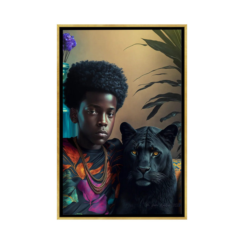 Afrofuturist African Boy - Blackpanther Spirit Animal I, Gold Floater Framed Canvas, 40" H x 26" W x 1.5" D
